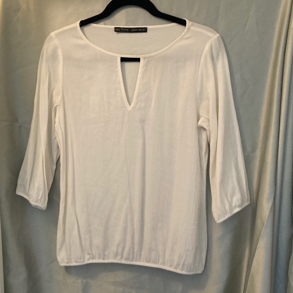 Zara Basic Ivory Cream Off White Blouson 3/4 Sleeve Peasant Blouse Size Small
